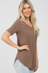 Brown V-Neck Short Sleeve Round Hem Top