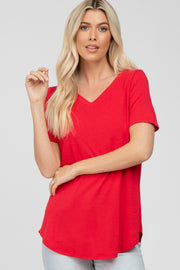 Red V-Neck Short Sleeve Round Hem Top