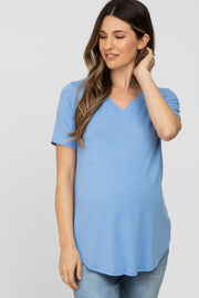 Light Blue V-Neck Maternity Short Sleeve Round Hem Top