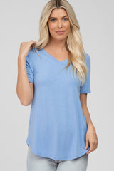 Light Blue V-Neck Maternity Short Sleeve Round Hem Top