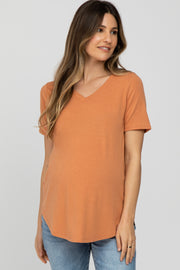 Orange V-Neck Maternity Short Sleeve Round Hem Top