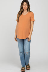 Orange V-Neck Maternity Short Sleeve Round Hem Top