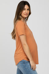 Orange V-Neck Maternity Short Sleeve Round Hem Top