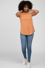 Orange V-Neck Short Sleeve Round Hem Top