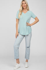 Light Mint V-Neck Short Sleeve Round Hem Top