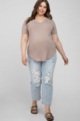 Taupe V-Neck Round Hem Maternity Plus Top