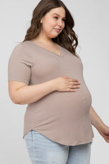 Taupe V-Neck Round Hem Maternity Plus Top