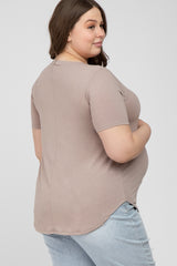 Taupe V-Neck Round Hem Maternity Plus Top