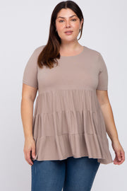 Taupe V-Neck Round Hem Plus Top