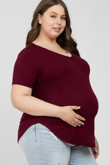 Burgundy V-Neck Round Hem Maternity Plus Top