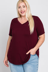 Burgundy V-Neck Round Hem Plus Top