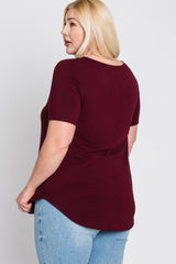 Burgundy V-Neck Round Hem Plus Top