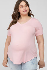 Light Pink V-Neck Round Hem Maternity Plus Top