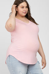 Light Pink V-Neck Round Hem Maternity Plus Top