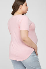 Light Pink V-Neck Round Hem Maternity Plus Top