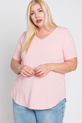 Light Pink V-Neck Round Hem Plus Top