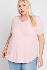 Light Pink V-Neck Round Hem Plus Top