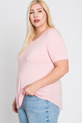 Light Pink V-Neck Round Hem Plus Top