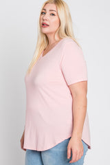 Light Pink V-Neck Round Hem Plus Top