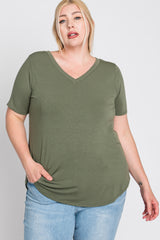 Light Olive V-Neck Round Hem Plus Top