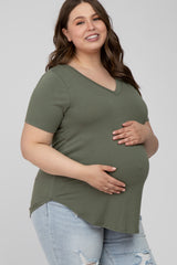 Light Olive V-Neck Round Hem Maternity Plus Top