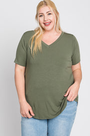 Light Olive V-Neck Round Hem Plus Top