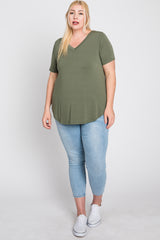 Light Olive V-Neck Round Hem Plus Top