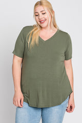 Light Olive V-Neck Round Hem Plus Top