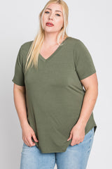 Light Olive V-Neck Round Hem Plus Top