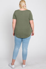 Light Olive V-Neck Round Hem Plus Top