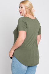 Light Olive V-Neck Round Hem Plus Top