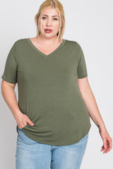 Light Olive V-Neck Round Hem Plus Top