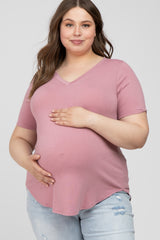 Mauve V-Neck Round Hem Maternity Plus Top