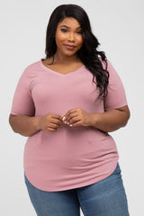 Mauve V-Neck Round Hem Plus Top