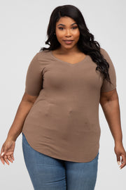 Mocha V-Neck Round Hem Plus Top