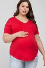 Red V-Neck Round Hem Maternity Plus Top