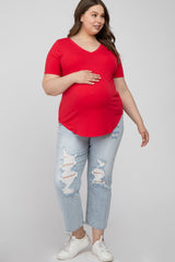 Red V-Neck Round Hem Maternity Plus Top