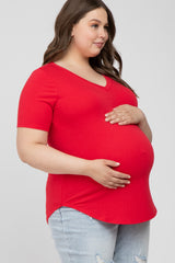 Red V-Neck Round Hem Maternity Plus Top