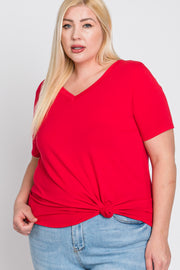 Red V-Neck Round Hem Plus Top