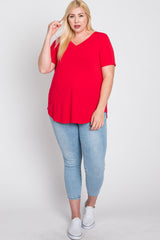 Red V-Neck Round Hem Plus Top