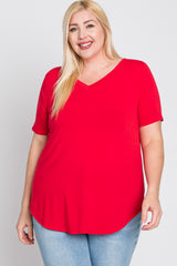 Red V-Neck Round Hem Plus Top