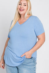 Light Blue V-Neck Round Hem Plus Top