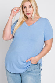 Light Blue V-Neck Round Hem Plus Top