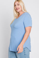 Light Blue V-Neck Round Hem Plus Top