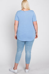 Light Blue V-Neck Round Hem Plus Top