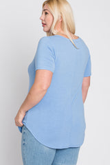 Light Blue V-Neck Round Hem Plus Top