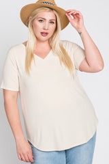 Beige V-Neck Round Hem Plus Top