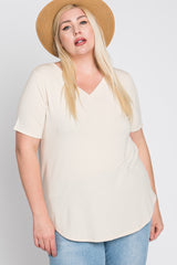 Beige V-Neck Round Hem Plus Top