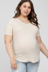 Beige V-Neck Round Hem Maternity Plus Top