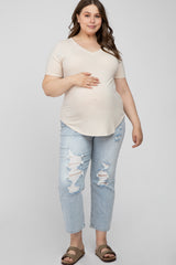 Beige V-Neck Round Hem Maternity Plus Top